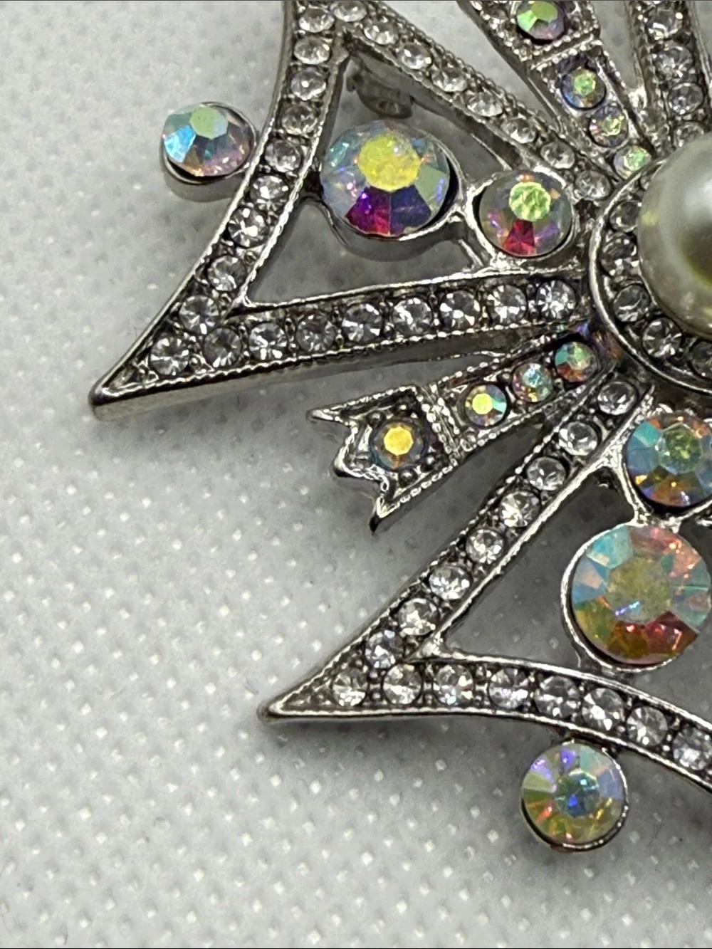 High end Vintage Aurora Borealis pave rhinestone  Cross Brooch faux Pearl Center